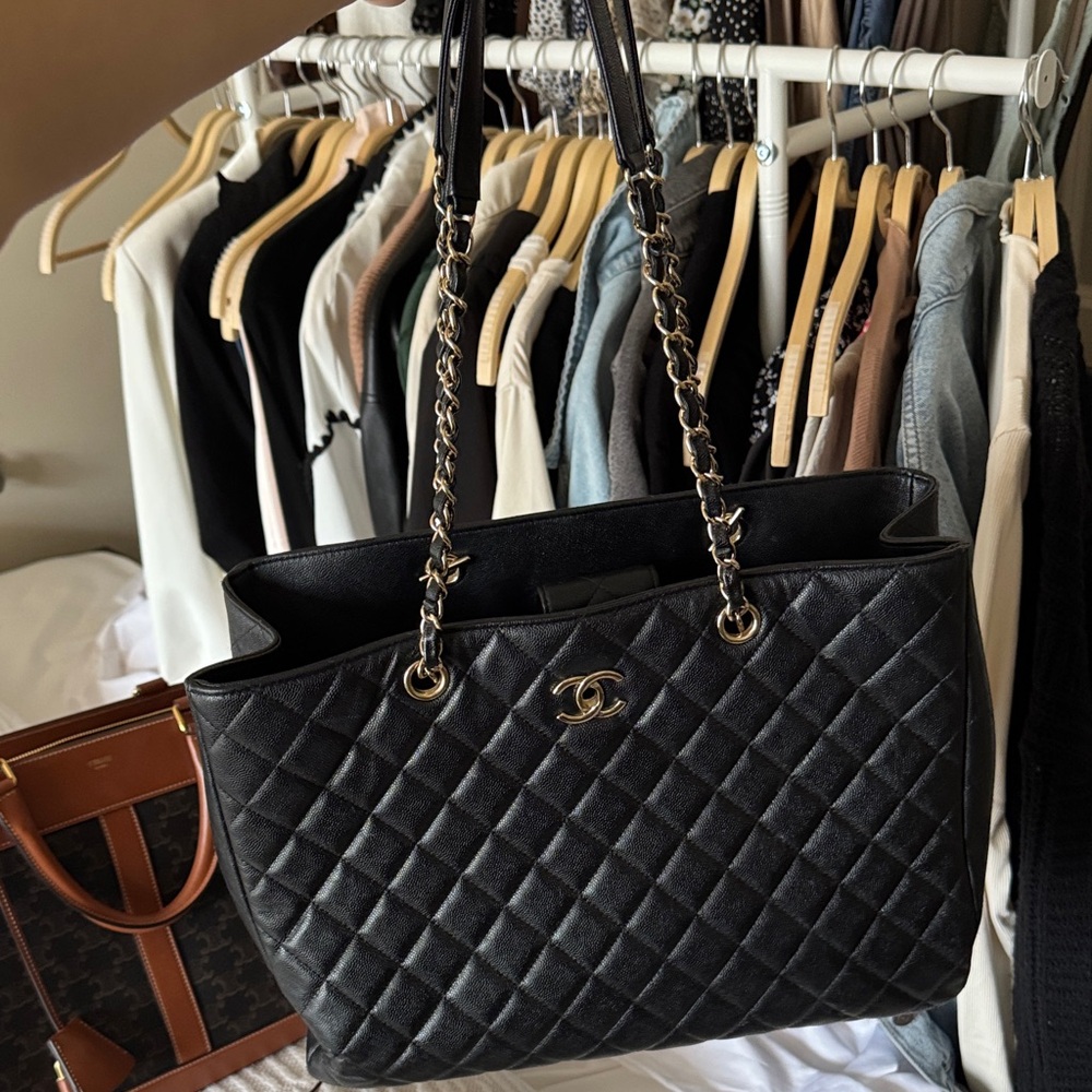 CHANEL Black Quilted Tote with Gold Accents